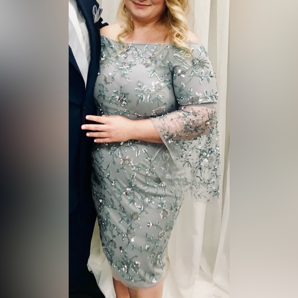 Adrianna Papell Silver and Green Sequin Dress
